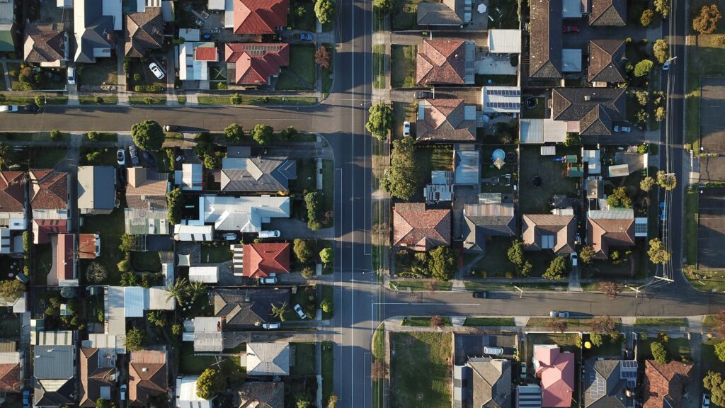 Aerial view of suburban neighborhood layout.