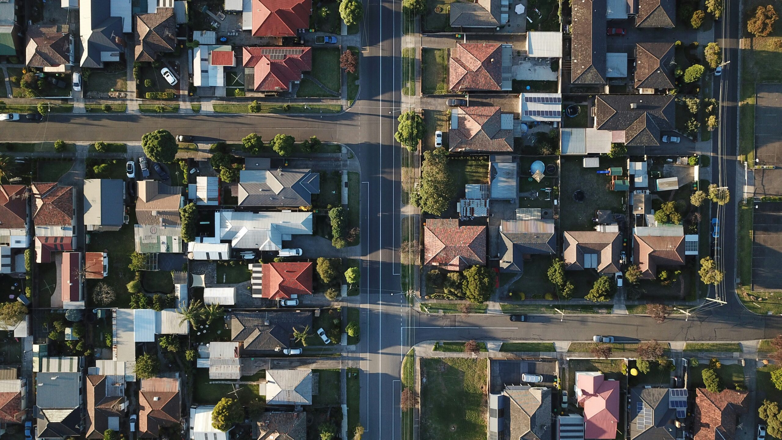 Aerial view of suburban neighborhood layout.